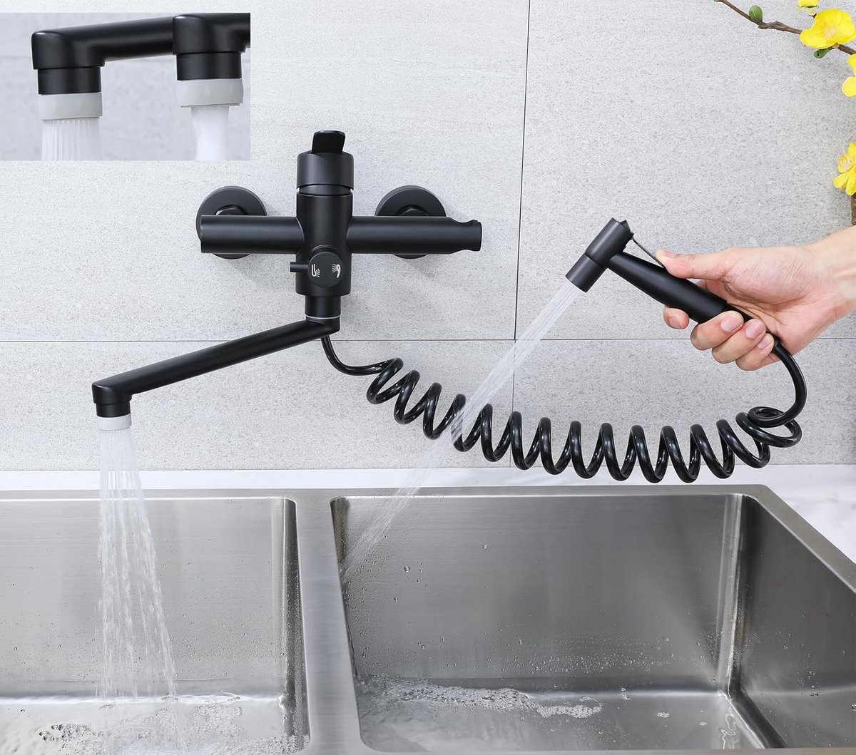 SnelShoppen - Wandkeukenmengkraan met Spuitkop, 360 Graden Draaiende Keukenkranen, 23 cm, Warm en Koud, 4 Functies, 304 RVS, Zwart, Ruimtebesparend vo