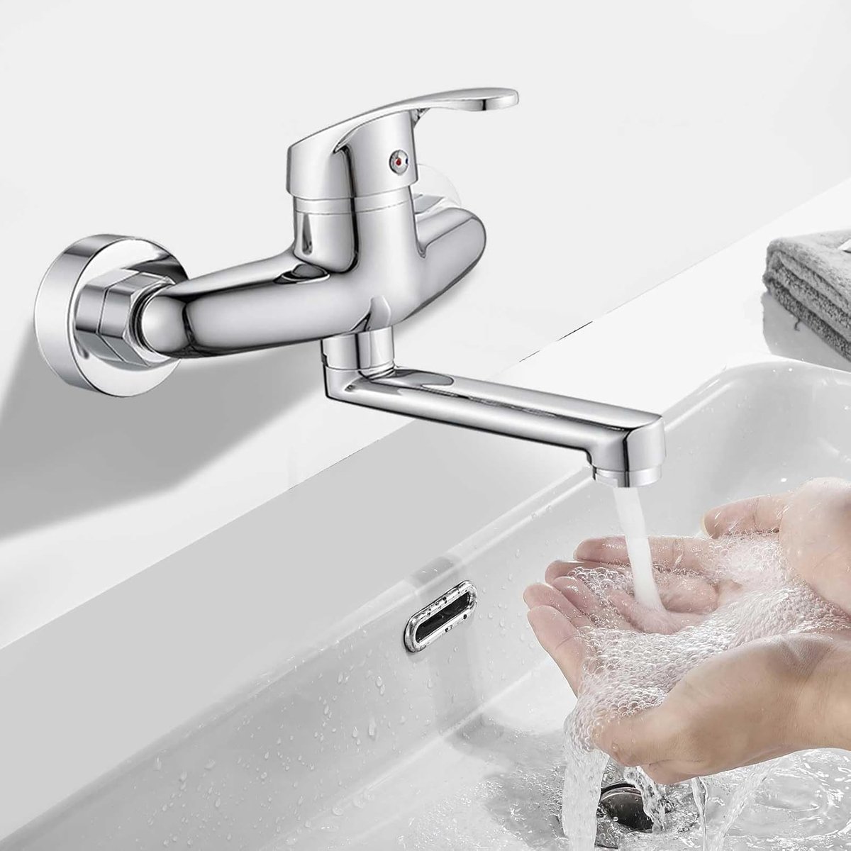 SnelShoppen - Wandmontage Keuken Kraan met Draaiende Uitloop 17.5 cm, Enkele Handgreep Mengkraan 360° Rotatie voor Badkamer en Keuken