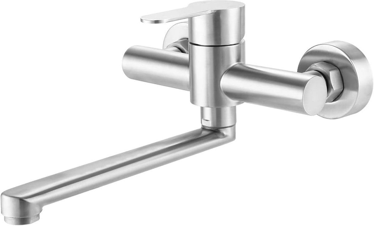 SnelShoppen - RVS Wandkraan Keuken, Kranen met Koud en Warm Water, Enkele Hendel Mengkraan, 360° Draaiarm, 23 cm, Wandmontage, Geborsteld Staal