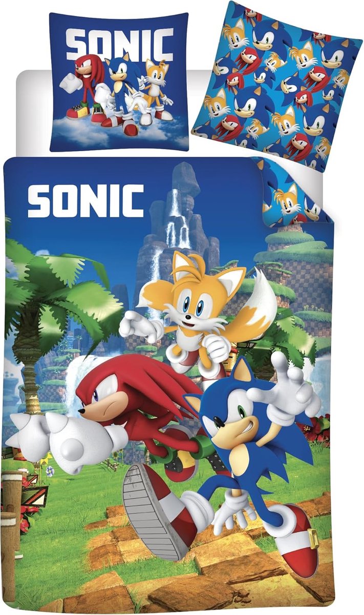 SnelShoppen - Sonic Tails Knuckles Dekbedovertrek 140x200 + Kussensloop 65x65 | Omkeerbaar Beddengoed | Natuurlijke Katoen Ademend Oeko-Tex | Kinderen