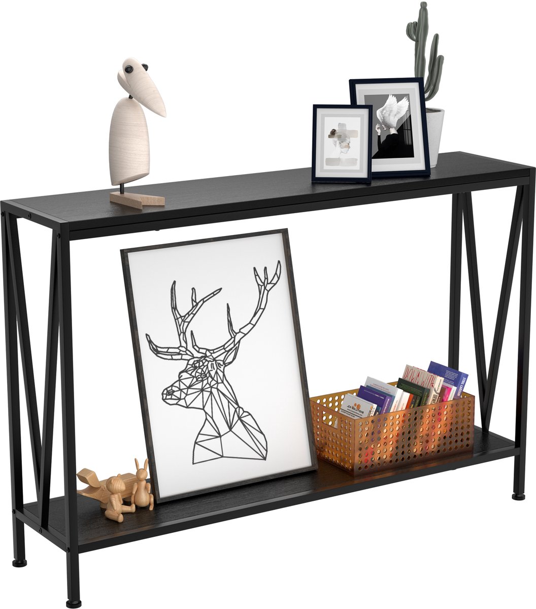 Industriële Sidetable met 2 Niveaus - Smalle Consoletafel & Haltafel - Houtlook & Zwart Metaal - Wandtafel voor Woonkamer, Entree of Achter de Bank - 109 x 25 x 76 cm