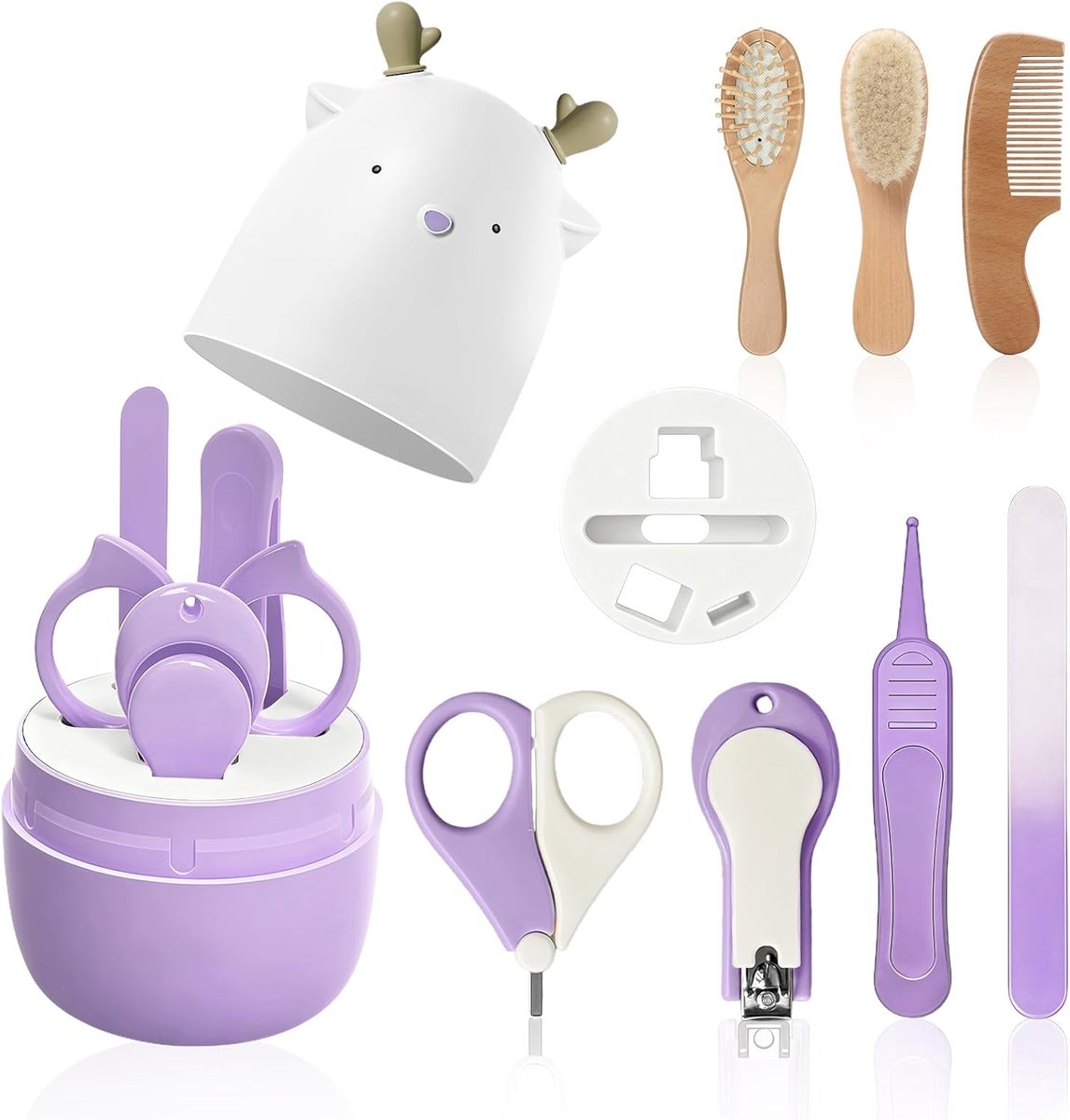 SnelShoppen - 7-in-1 Baby Care Set - Complete Baby Manicure Set met Nagelschaartje, Nagelknipper, Nagelvijl, Neus-tweezers, Babyborstel en Kam - Paars