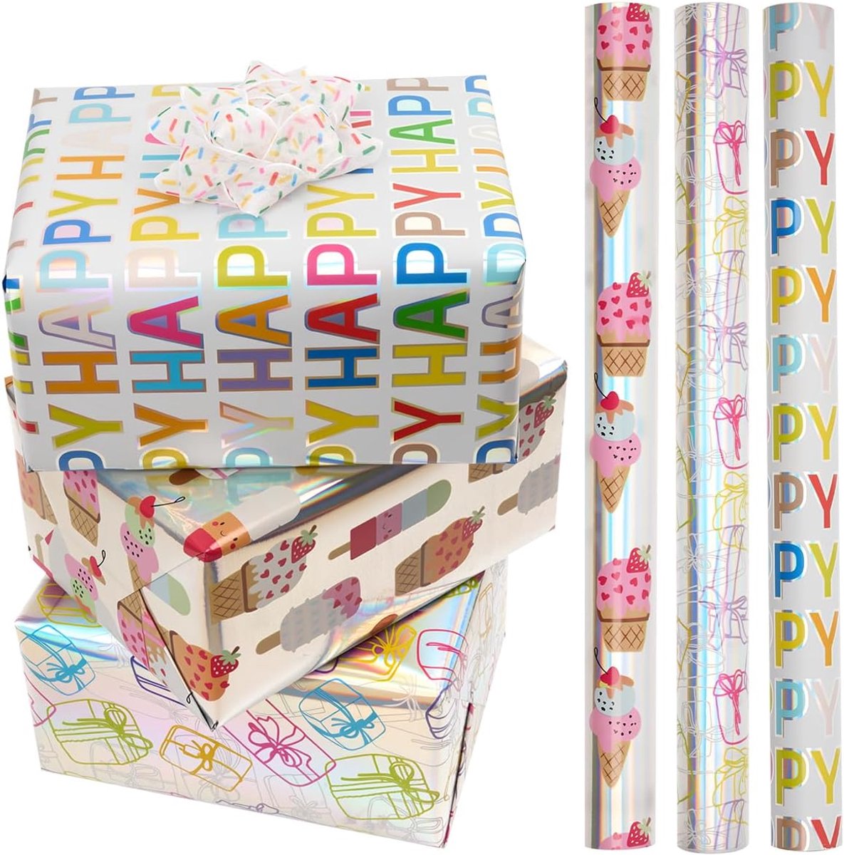 SnelShoppen - 3 Rollen Cadeaupapier voor Verjaardagscadeaus, Veelkleurig Cadeaupapier, Decoratie voor Feesten, 70 cm x 200 cm, Perfect voor Kinderen e