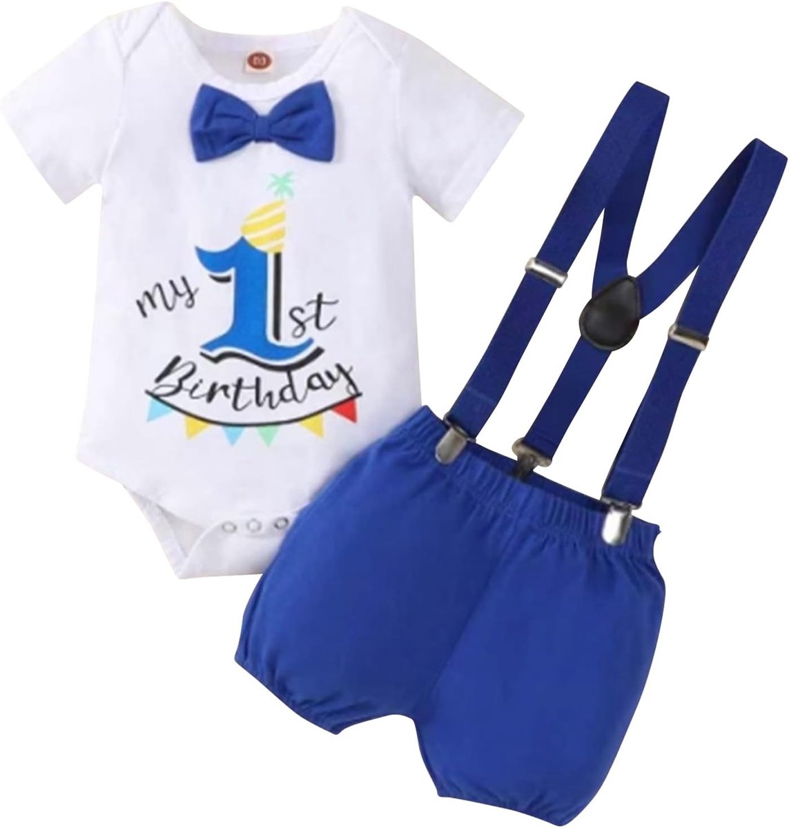 SnelShoppen - Baby Jongens 1e Verjaardag Outfit Korte Mouw Romper Jarretel Shorts Cake Smash Kleding Set Peuter Kleding Eerste Verjaardag