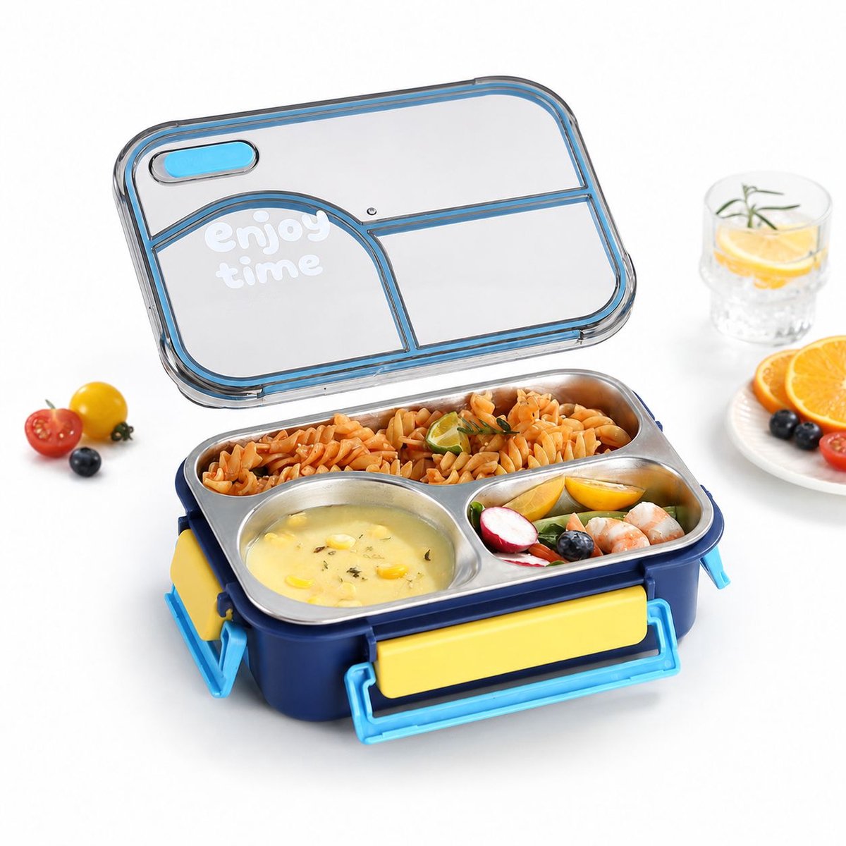 VHV - Broodtrommel - Lunchbox - Lunchbox met 3 Vakken - 650ml - Blauw - 304 RVS Broodtrommel met Kom - BPA-vrij - Lekvrije Voedselcontainer voor School & Kantoor - 22.5x16.5x6.8 cm