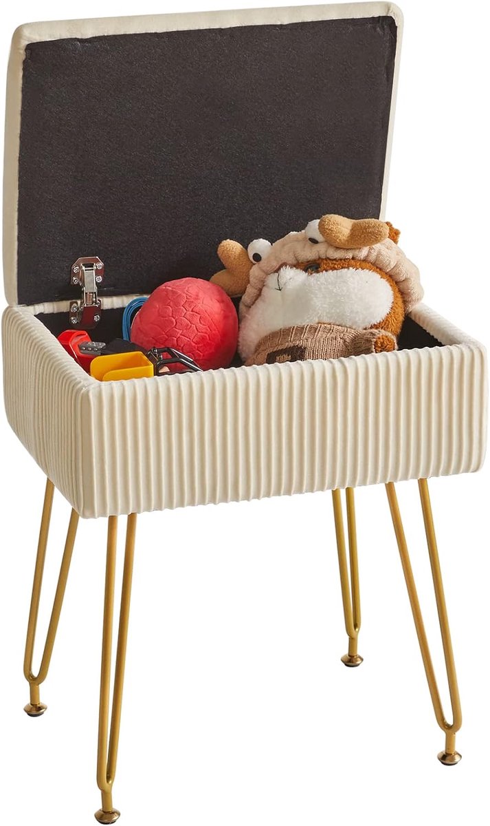 SnelShoppen - Multifunctionele Fluwelen Ottomanen, Opbergruimte Kruk, Poef Bank, Verwijderbare Cover, Metalen Poten, Beige 40x29.5x48CM voor Woonkamer