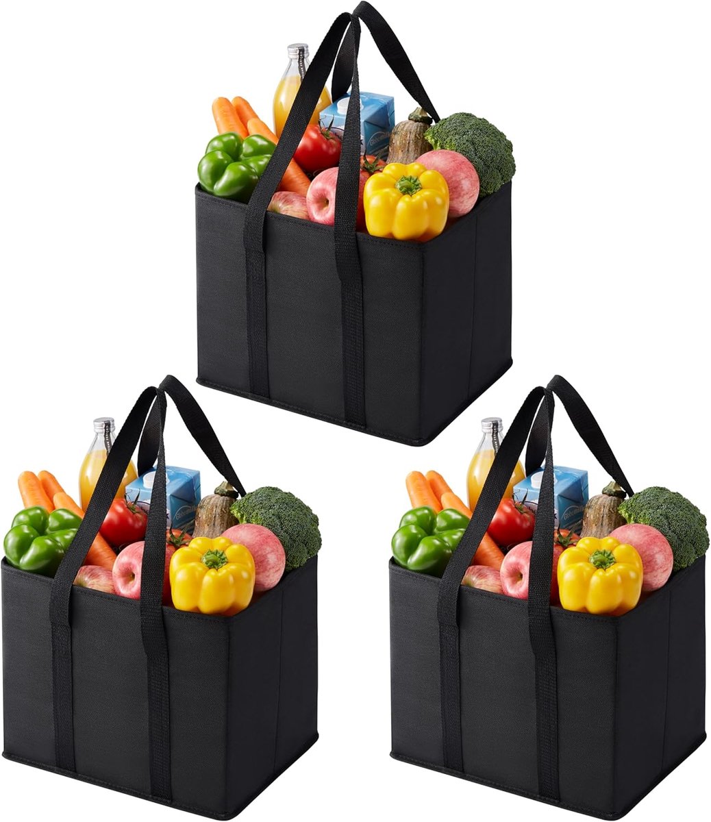 SnelShoppen - 3-pack Herbruikbare Boodschappentassen met Handvatten en Harde Bodem - Opvouwbare Boodschappen Organizer voor Multifuntioneel Gebruik -
