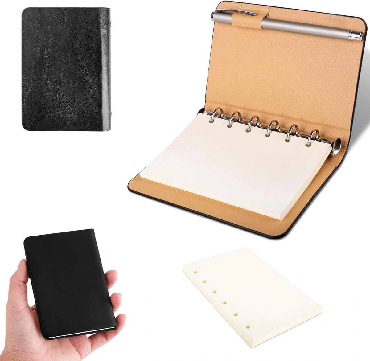 SnelShoppen - Klein Notitieboek A7 Navulbaar met 6 Ringen, Hardcover Kunstlederen Omslag, Glad Beige Papier, Ideaal voor Reizen, School, Notities, Cre