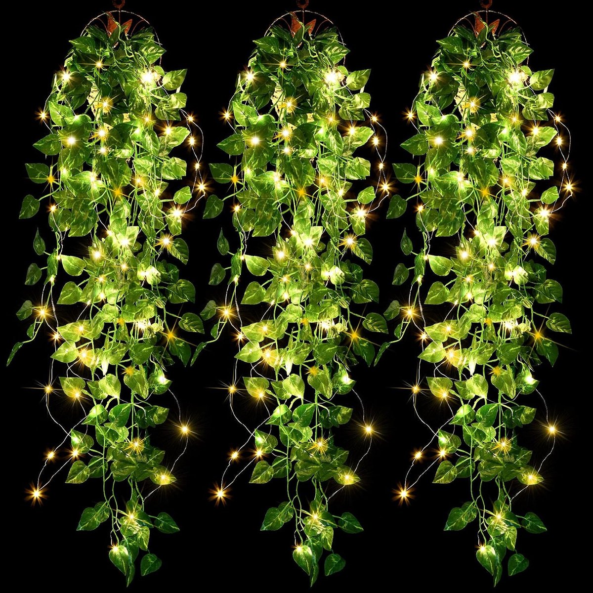 SnelShoppen - 3 Stuks Kunstmatige Hangende Planten 1,1 m Nep Klimop Wijnstok met 30 LED Snaren voor Huis, Tuin, Bruiloft Decoratie - Levendige Groene