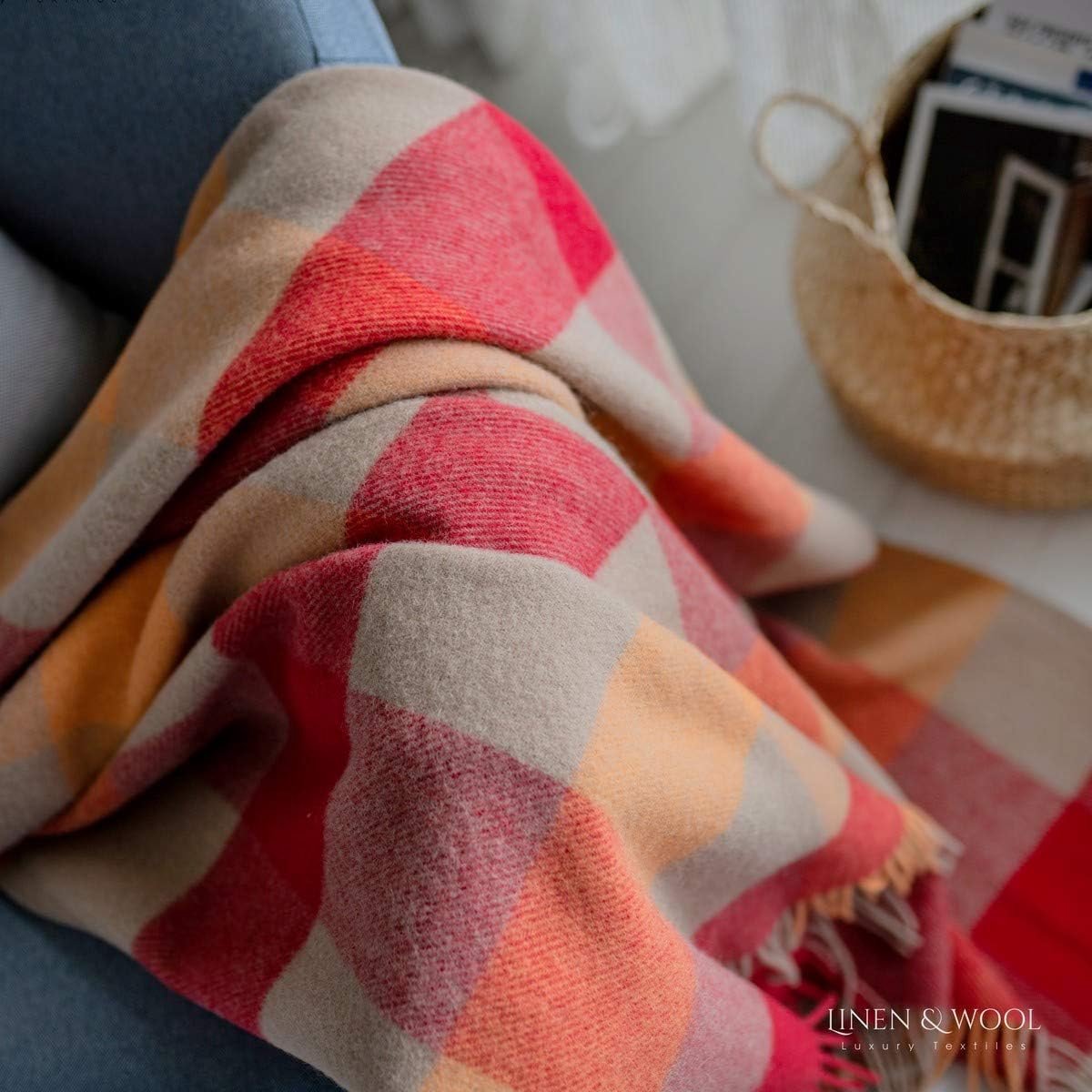 SnelShoppen - Luxe Wollen Deken Knuffeldeken Plaid 100% Nieuw-Zeelands Wol Beige Rood Crème Orange 130 x 170 cm - Perfect voor Bank, Reis, Picknick en