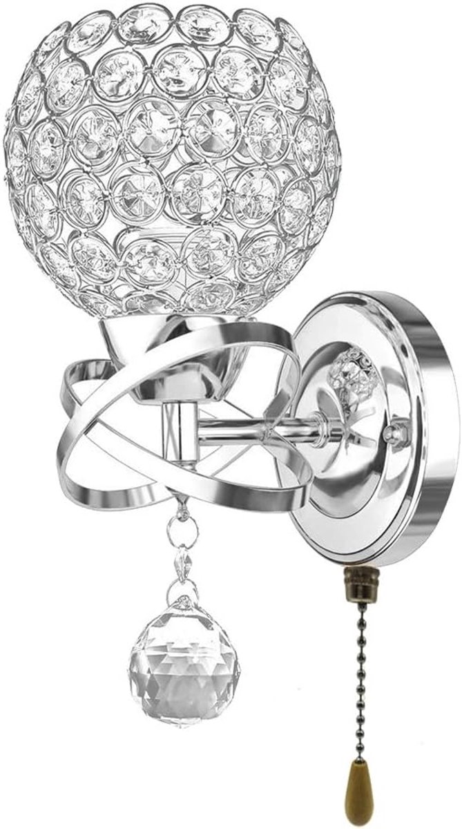 SnelShoppen - Moderne Kristallen Wandlamp Hanglamp Chroom Afwerking voor Slaapkamer, Sconce Verlichting met E14 Fitting en Pull Cord Switch