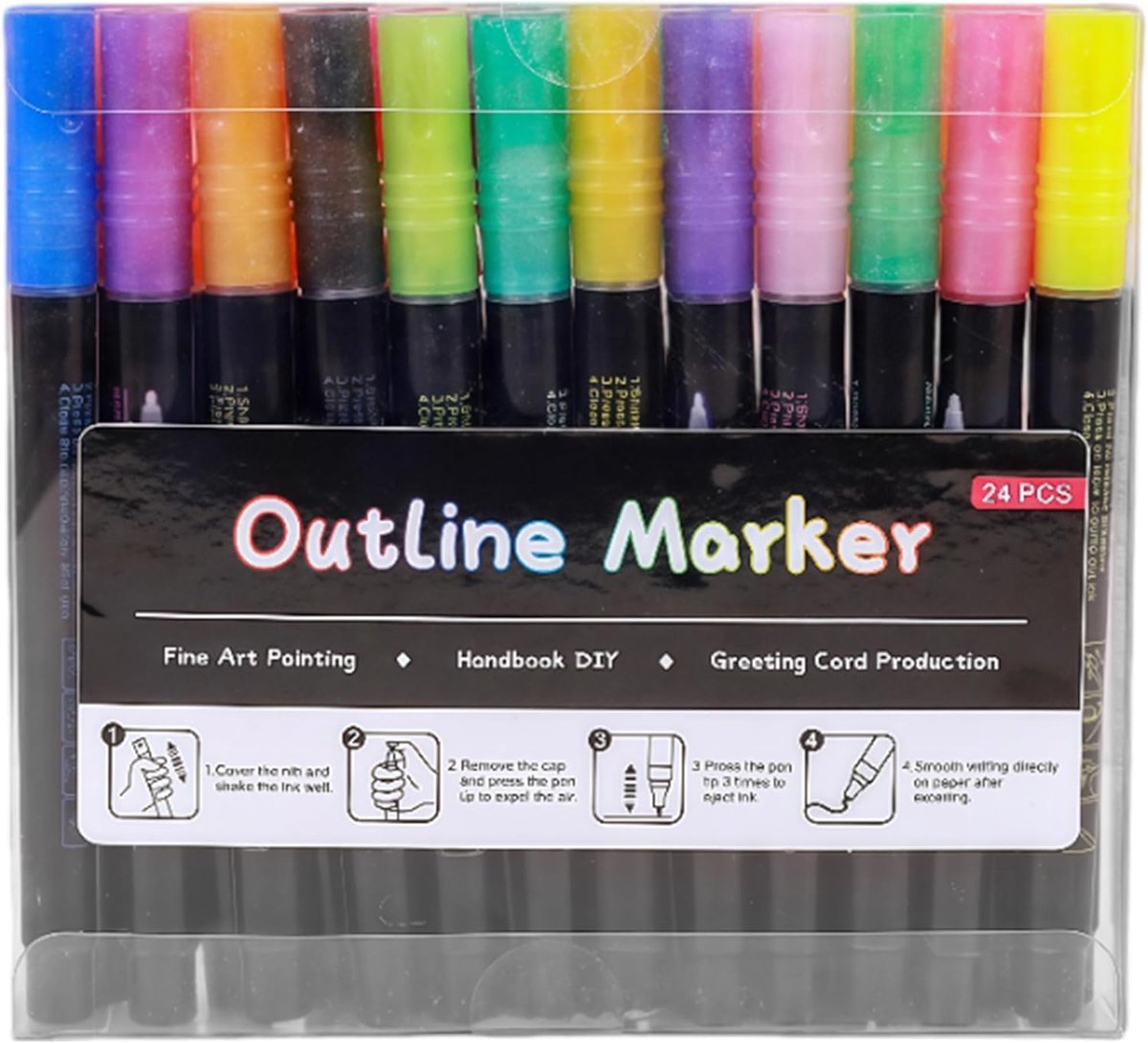 SnelShoppen - Glitterstiften Set 24 Kleuren - Outline Markers Met Dubbele Lijn - Metallic Viltstiften Voor DIY Knutselen, Scrapbooking, Cadeaus