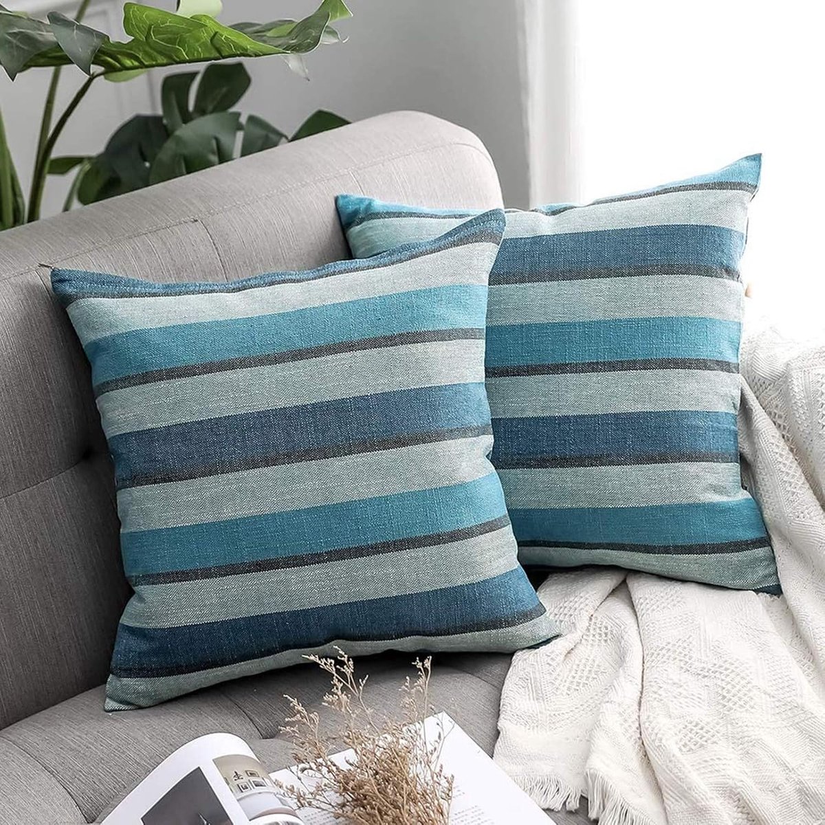 SnelShoppen - 2-delige set decoratieve kussenhoezen 40x40 cm in linnenlook, blauw, sierkussens voor bank en slaapkamer, 100% polyester, kreukvrij en v