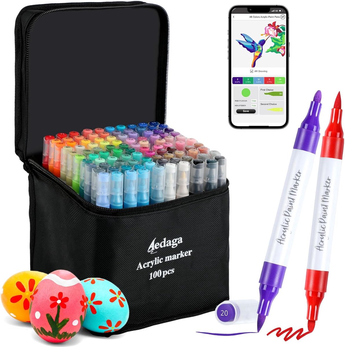 SnelShoppen - Set van 100 genummerde acrylstiften met app, dubbele punt acryl markers (penseel en fijne punt) voor volwassenen, kinderen - Perfect voo