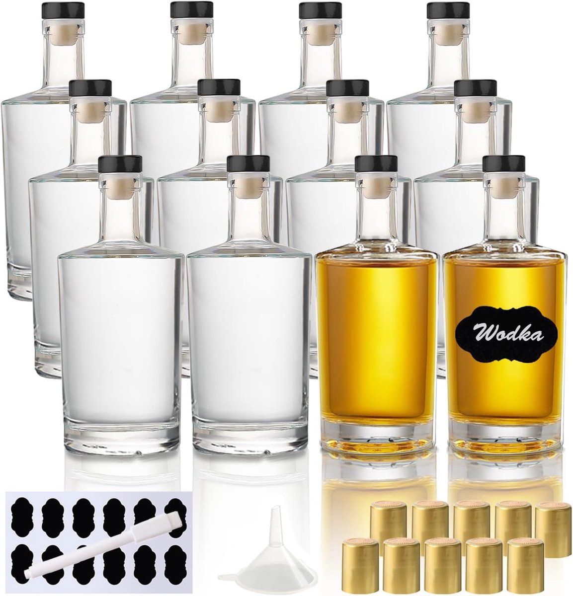 SnelShoppen - 12 Glazen Likeurflessen 100 ml met Kurk - Lege Borrelflessen Set met Krimpdop, Trechter en Etiketten - Perfect voor Likeuren, Sappen en