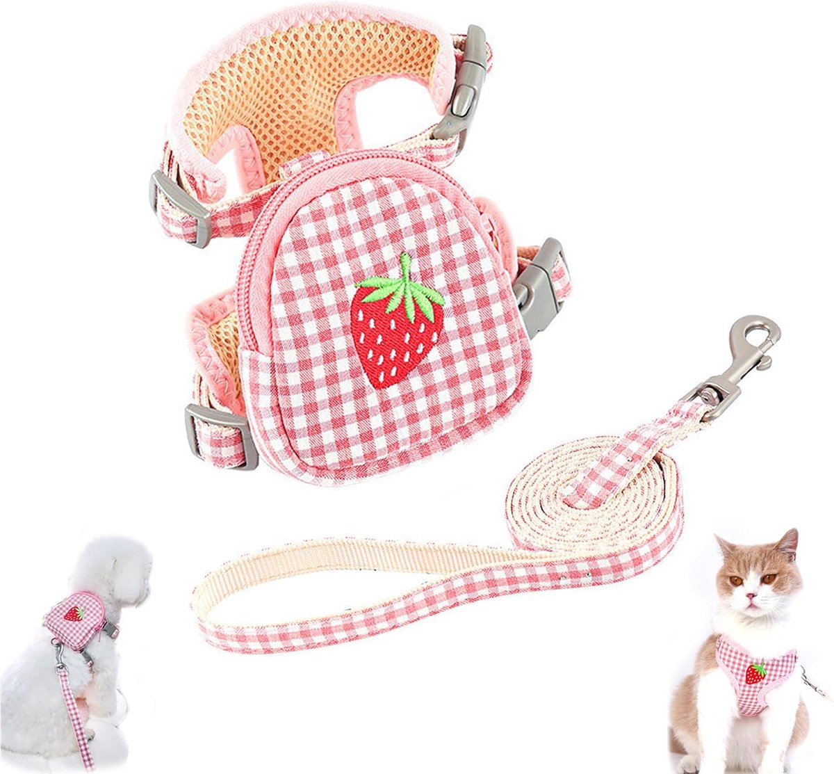 SnelShoppen - Hondenharnas Kleine Honden Anti Pull Borst Harnas Aardbei Patroon Verstelbaar Ademend Veiligheidsharnas voor Pomeranian en Katten (S, Ro
