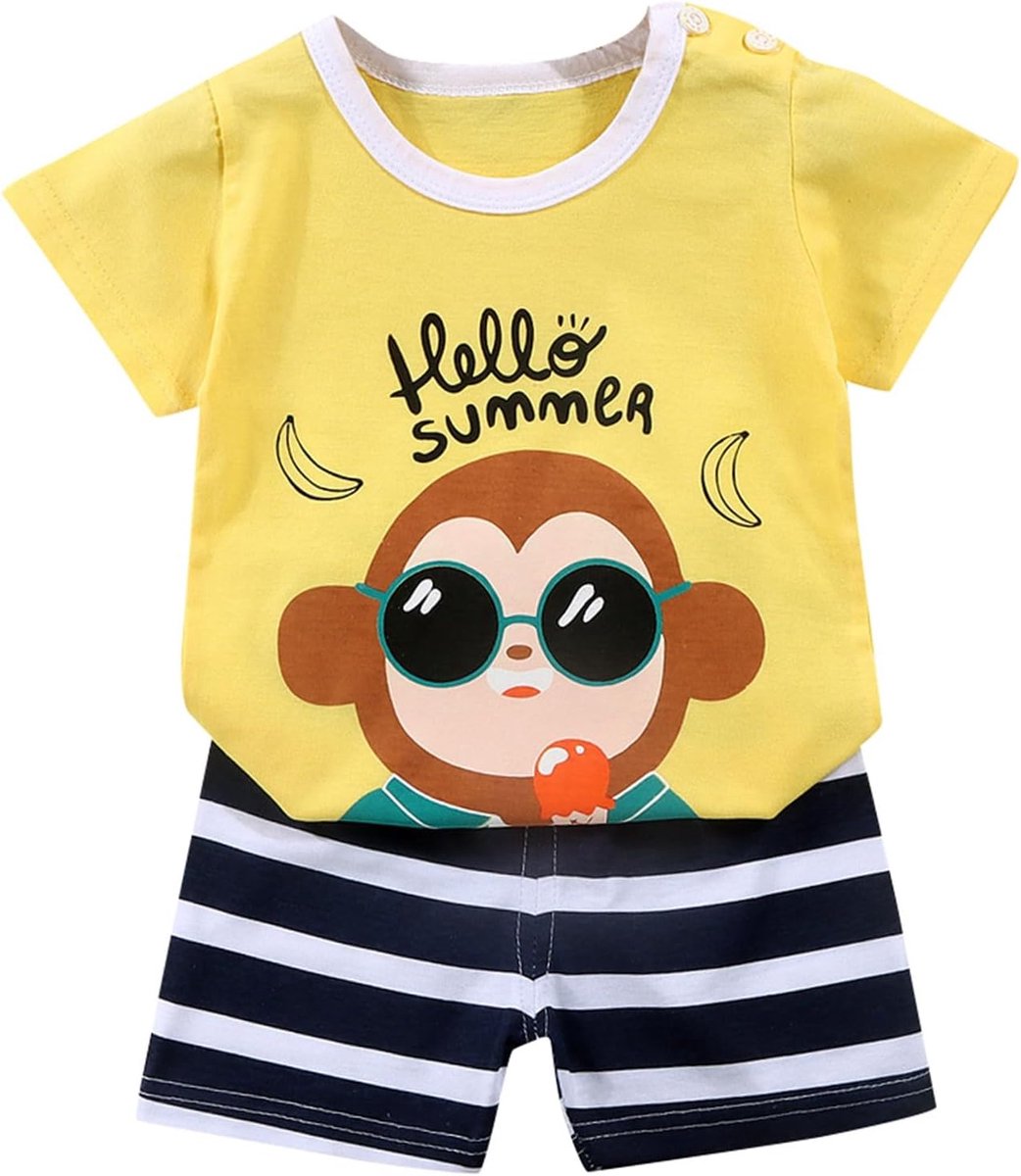 SnelShoppen - 2-delige jongens set katoen T-shirt en shorts meerkleurig voor kinderen 3-8 jaar, licht en zacht voor zomer, casual, sport en school