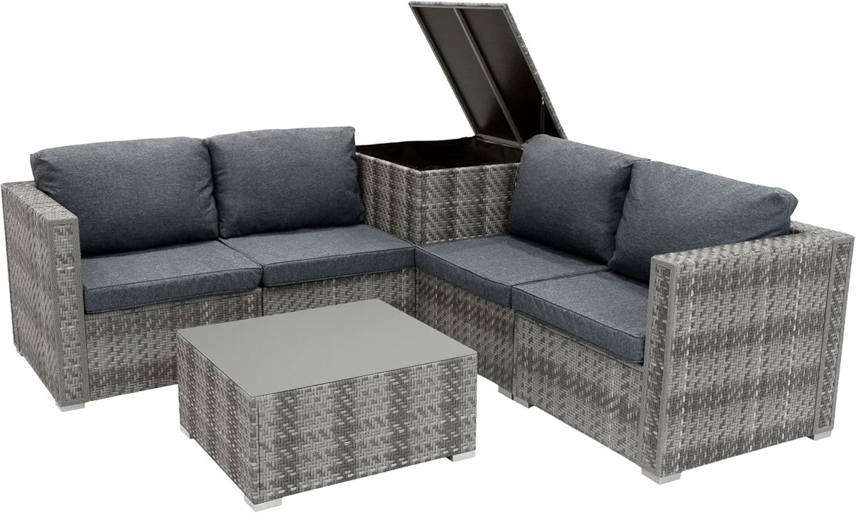SnelShoppen - Rotan Modulaire Hoek Tuinmeubelen Tuinset 6-Delige Set, Grijs, 4-Zits Zitbank, Sectionele Stoelen met Kussens, Salontafel met Glazen Bla