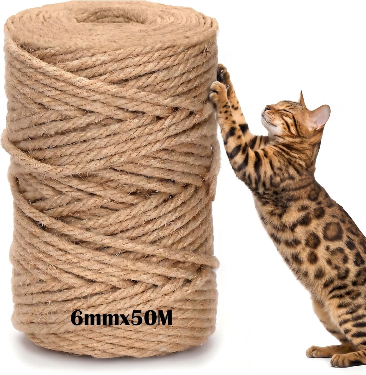 SnelShoppen - 50m Natuurlijk Sisaltouw (6mm) voor Krabpalen - Duurzaam 4-draads Touw voor Kattenkrabmeubel, Bekleden & Repareren, DIY Knutselen, Huisd