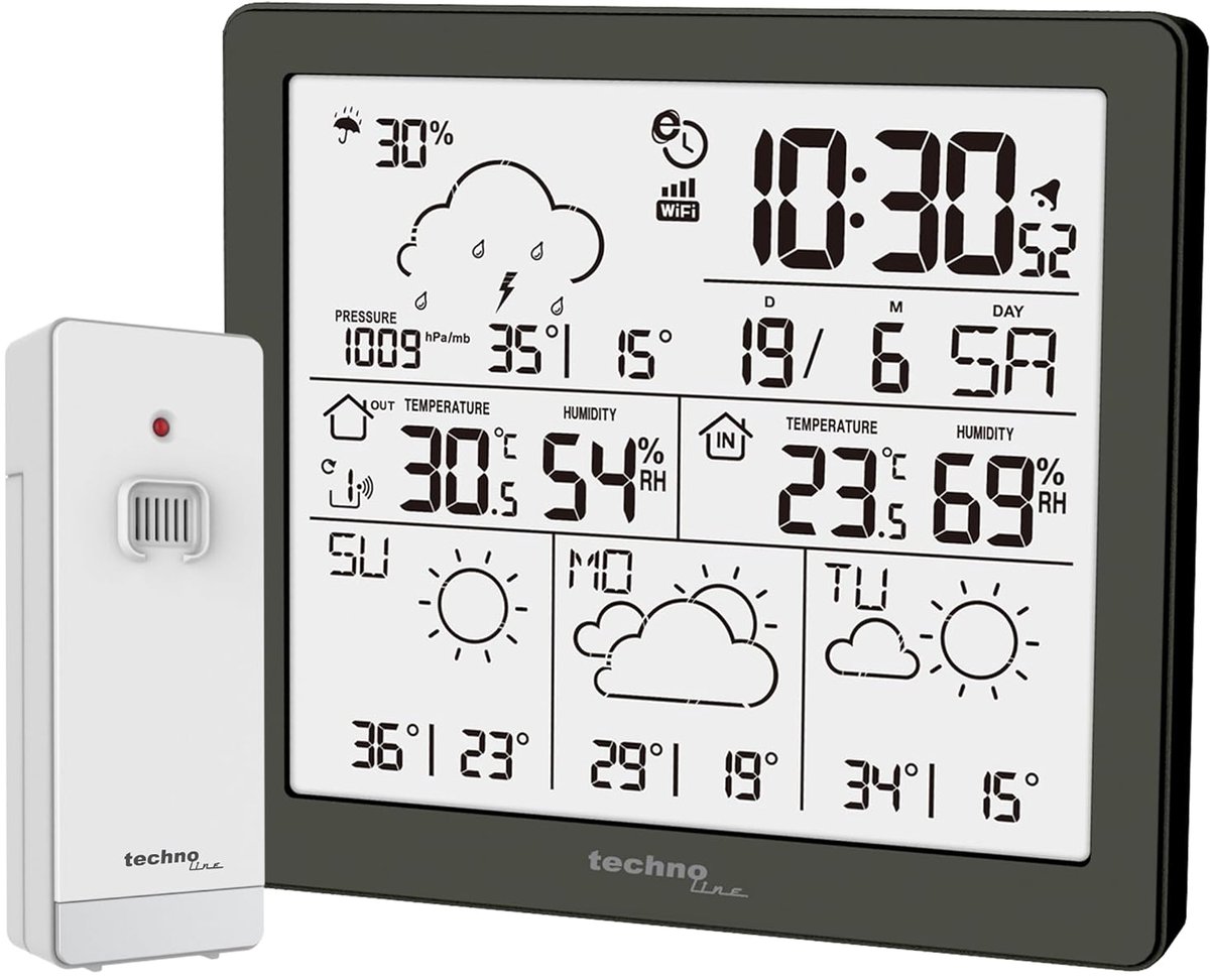 SnelShoppen - Weerstation met 3 Dagen Weersvoorspelling, Buiten- en Binnentemperatuur, Luchtvochtigheid, Mobiele App, Barometrische Druk, Tijd en Kale