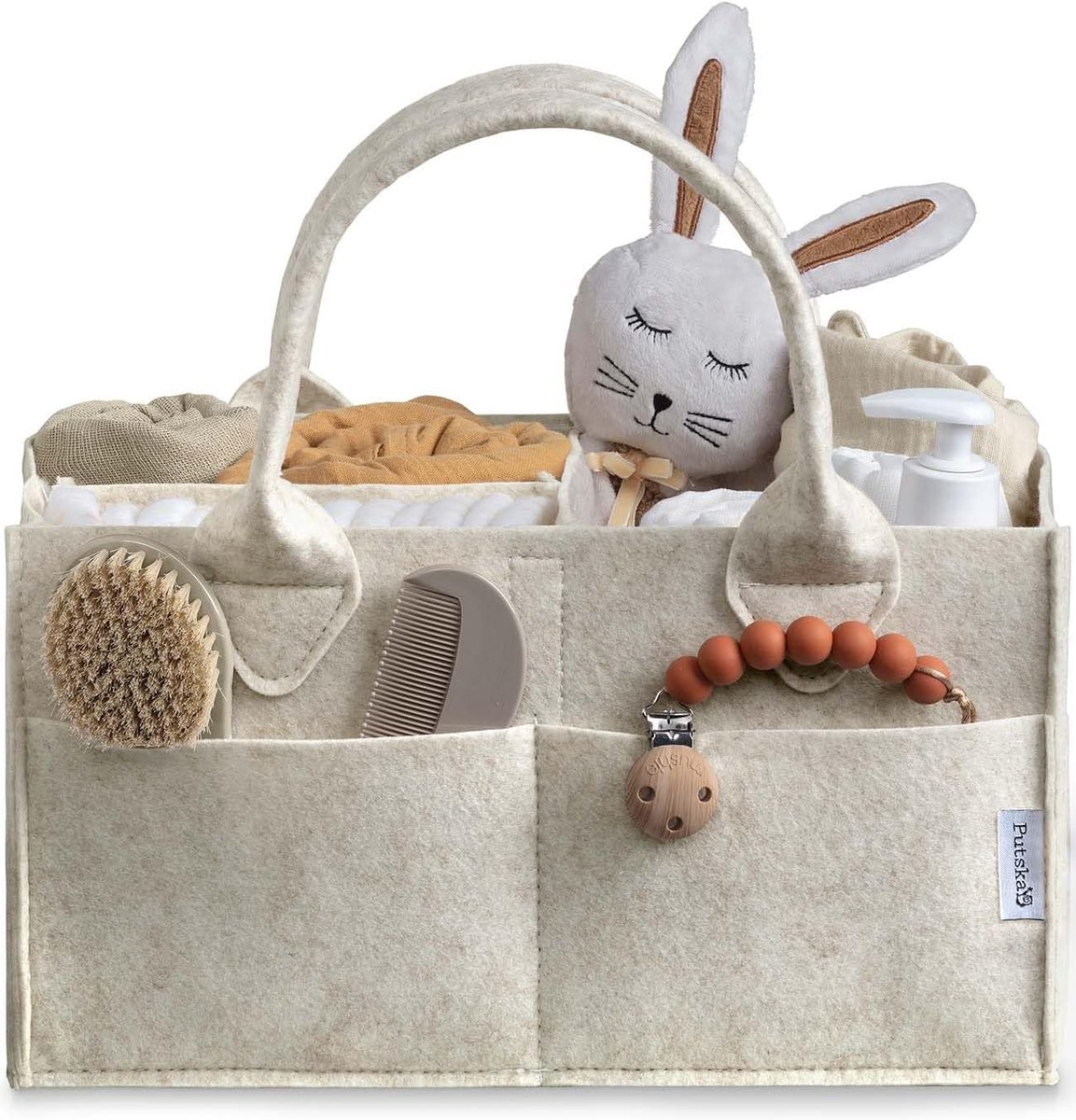 SnelShoppen - Baby Luier Caddy Organizer - Grote Opslagmand voor Luiers, Baby Essentials, Draagbaar Aankleedstation, Wit, Perfect voor Babyshower en N
