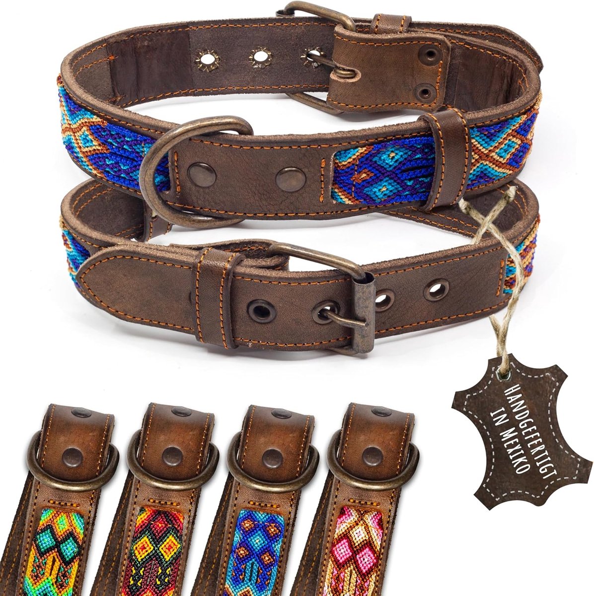 SnelShoppen - Lederen hondenhalsband M - Dubbel Tribal geborduurd, blauw-bruin, handgemaakt in Mexico, hoogwaardig leer voor middelgrote honden, breed