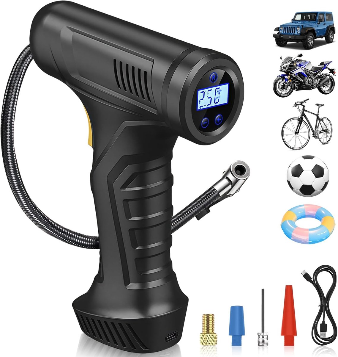 Thijox - Elektrische Fietspomp Accu Compressor Mini Draagbare Luchtcompressor tot 150 PSI, Bandenpomp voor Auto Motorfiets Ballen LED Autostop USB Pow