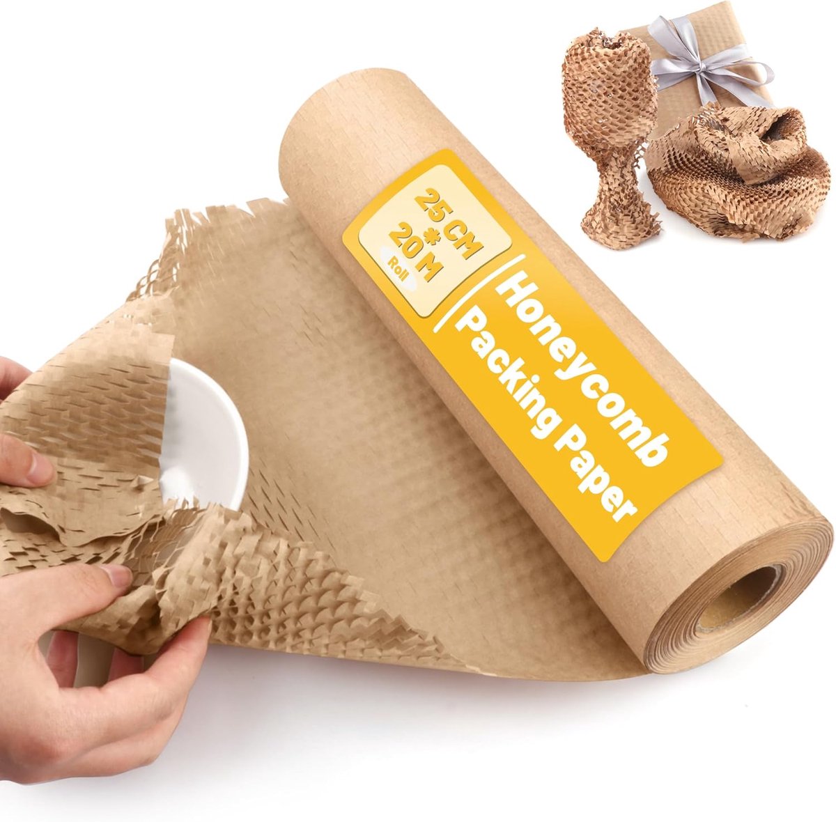 SnelShoppen - Rol Honingraatpapier 25 cm x 20 m - Milieuvriendelijk Kraftpapier - Duurzaam Verpakkingsmateriaal voor Breekbare Voorwerpen - Alternatie