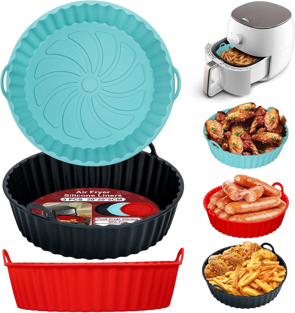 SnelShoppen Air Fryer Silicone Pot Set van 3 Herbruikbare Airfryer Pan Liners in Rood Zwart en Blauw Perfect voor Heteluchtfriteuse Magnetron e