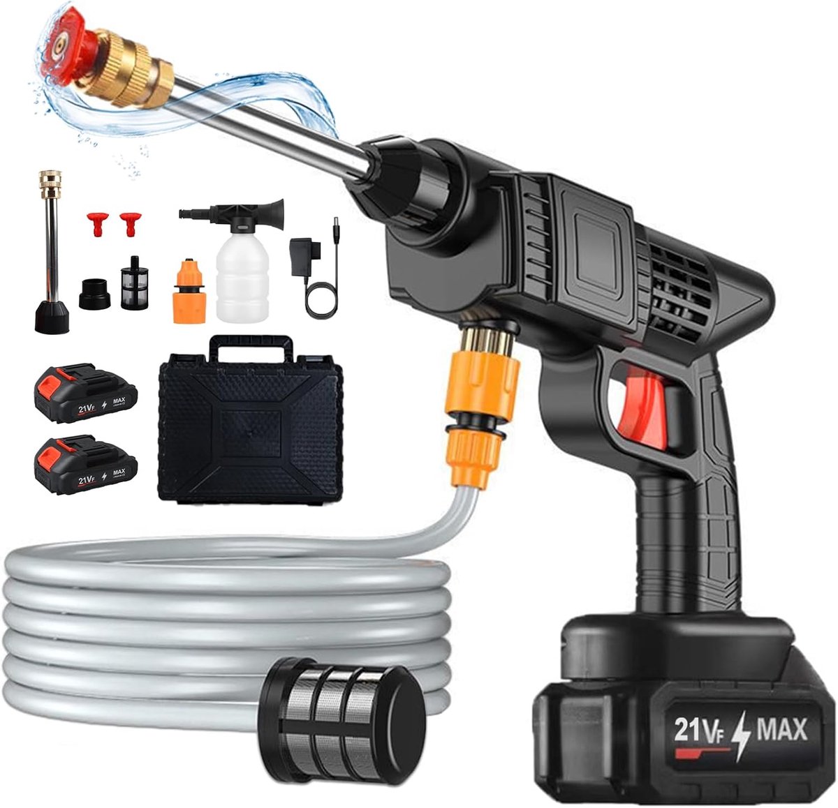 Thijox - 21 V Accu Hogedrukreiniger met 2 Batterijen, 5 m Slang, Verstelbaar Mondstuk voor Auto, Tuin, Vloerreiniging en Terras - Draadloos en Draagba