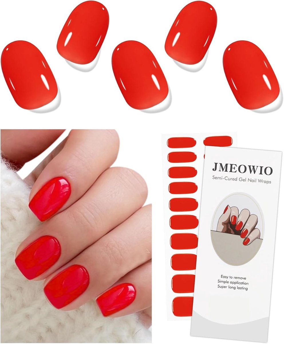 SnelShoppen - JMEOWIO Rood Nagel Foil Gel Nagel Stickers UV Nagel Art Set - 20 Stuks Semi-Geharde Gel Nagelstickers - Duurzaam, Veilig en Comfortabel