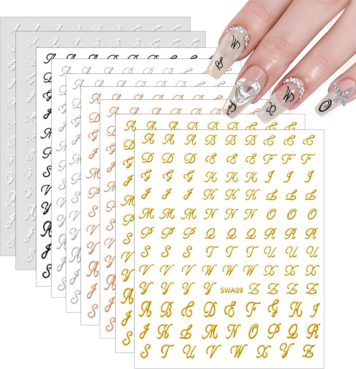 SnelShoppen - Pack van 10 3D Nagelstickers Letters Zelfklevende Nagelstickers voor DIY Nagelkunst en Nagelontwerp Verschillende Kleuren