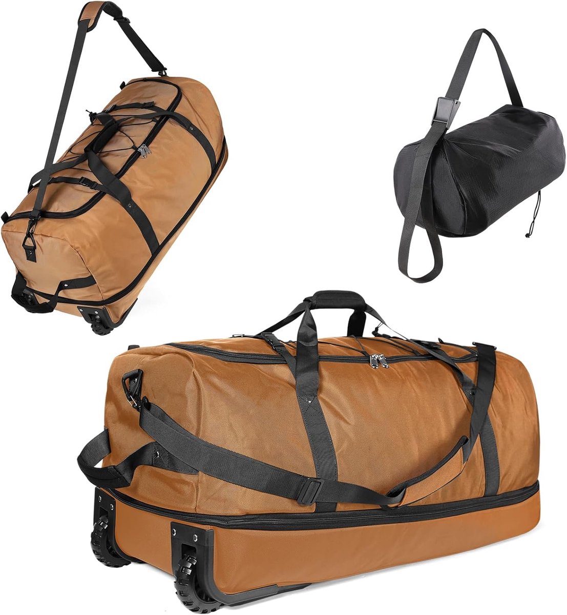 SnelShoppen - Uitbreidbare 140L reistas met 2 inline wielen, extra grote opvouwbare duffeltas met meerdere handvatten, bruin, roltaas voor vakantie, c