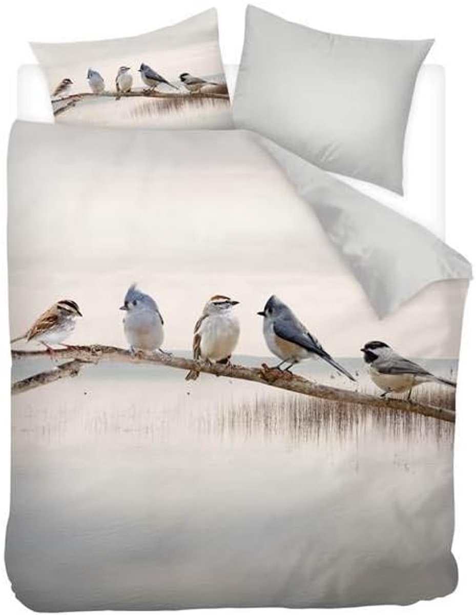 SnelShoppen - Duvet Cover Twin Beds 240x200/220 cm - Wit Katoen Satijn met Foto van Kleine Mezen op Tak - Inclusief 2 Kussenslopen 60x70 cm - Geschikt