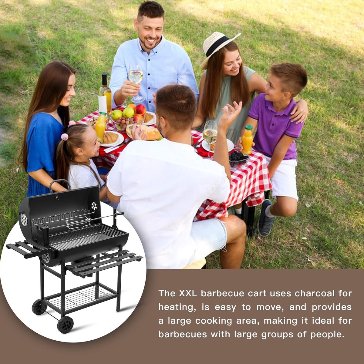 Houtskool BBQ XXL met Deksel & Thermometer – Verrijdbare Barbecue – Verstelbaar Grillrooster – Zwart