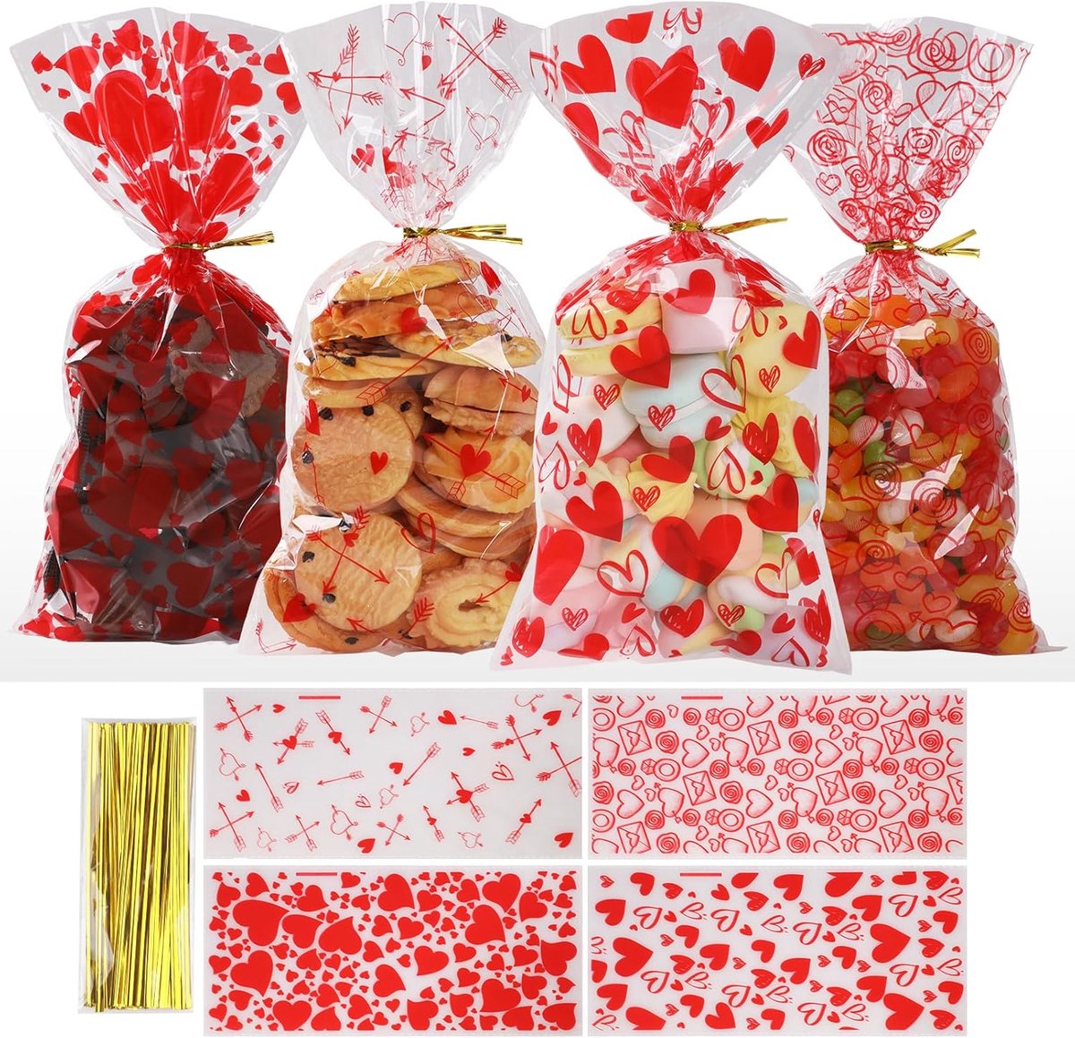 SnelShoppen - 100 Stuks Valentijnsdag Treat Bags - 4 Stijlen Goede Doelen Tassen - Met 100 Gouden Twist Bands - Perfect voor Valentijnsdag Feest Suppl