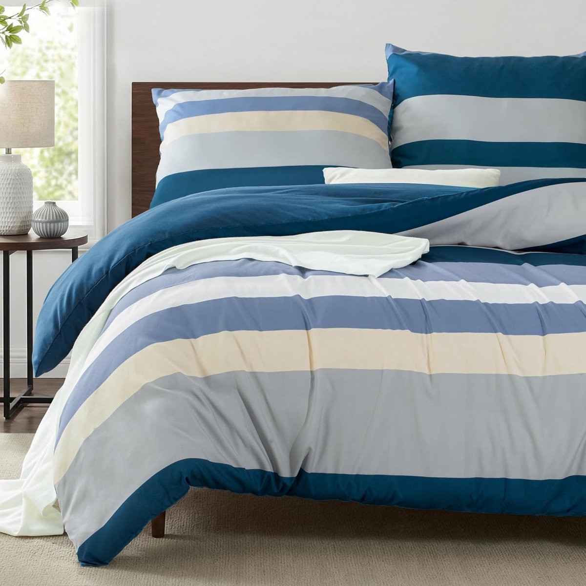 SnelShoppen - Duvet Dekbedovertrekset 135x200 cm - 2-Persoons Microfiber Bedlinnen met Kussensloop 80x80 cm - Navy Blauw Gestreept - Ademend en Comfor