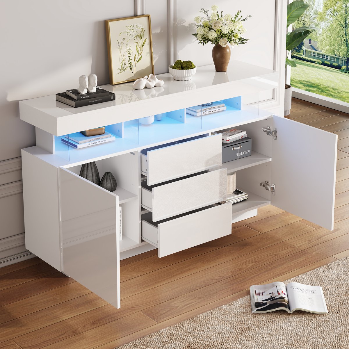 Wishdor - Dressoir - Hoogglans met LED-verlichting - 3 lades en 2 deuren - modern minimalistisch - eetkamer keuken hal - houtlook acryl - wit - 140 x 35 x 80 cm