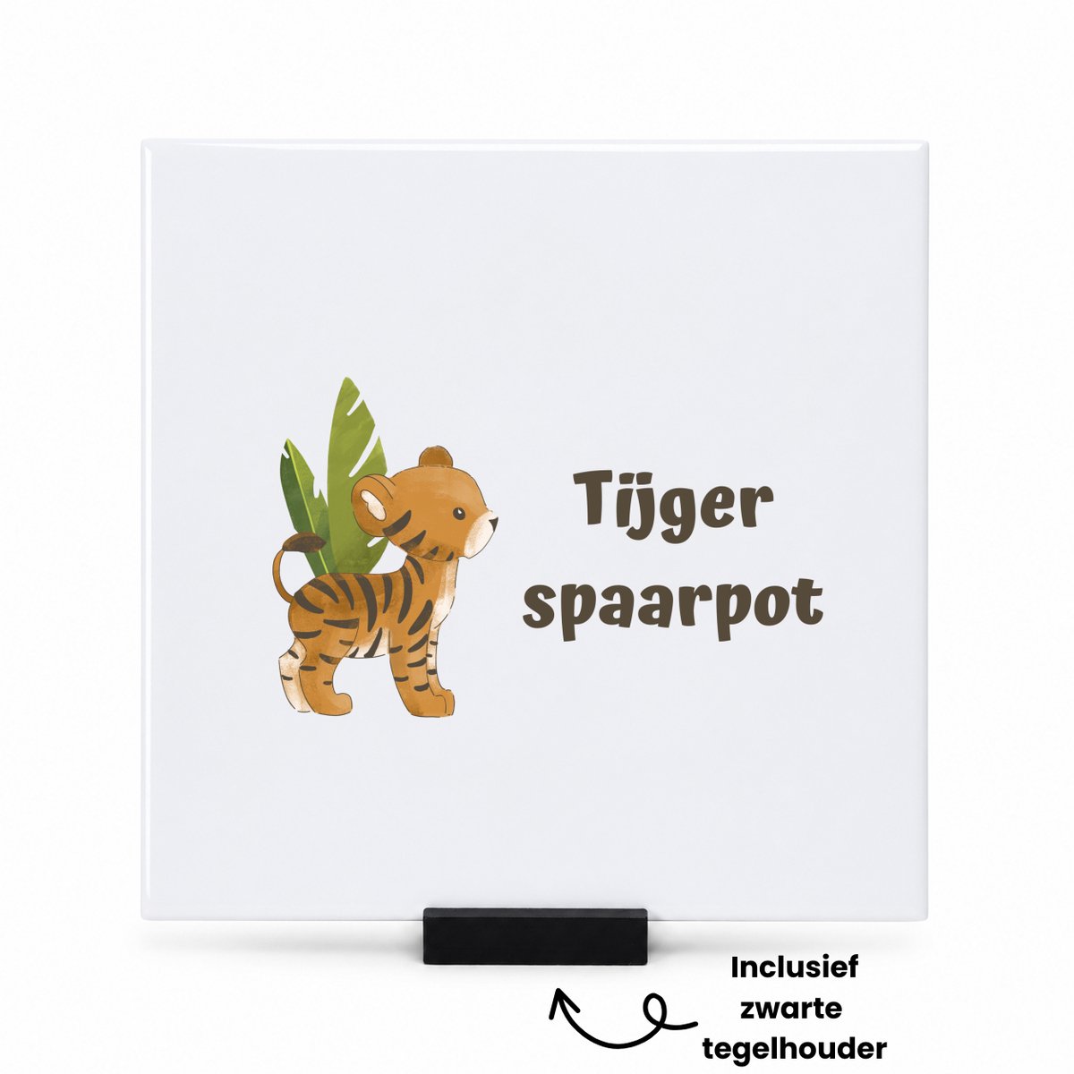 Hacebo Tijger spaarpot tegeltje met tegelhouder - Tijger - dieren liefhebbers - tegeltjes met tekst - leuke cadeau voor iemand die van houdt van tijgers - verjaardagscadeau - kado - gift - spreuktegels - 15x15 CM Wit