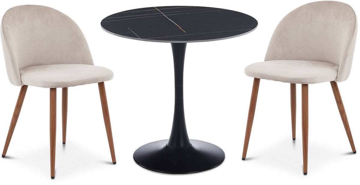 Eethoek LOIRE/NAVIA met ronde keramische tafel en 2 stoelen – Zwart/lichtgrijs