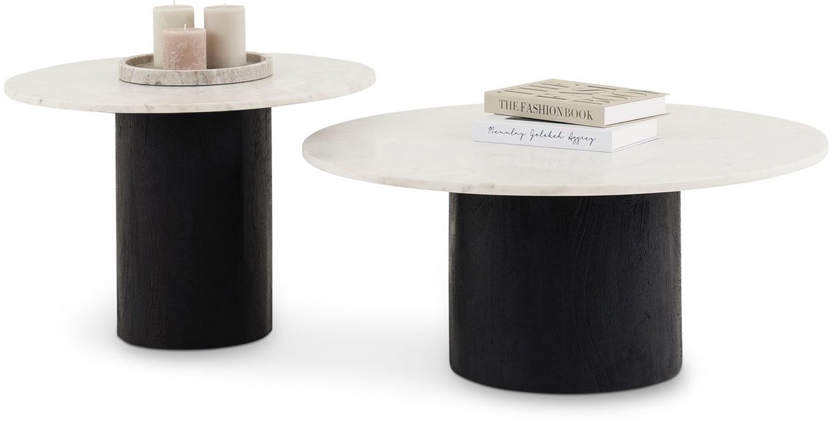 Salontafelset GANGA/YAMUNA met rond marmeren tafelblad – wit/zwart