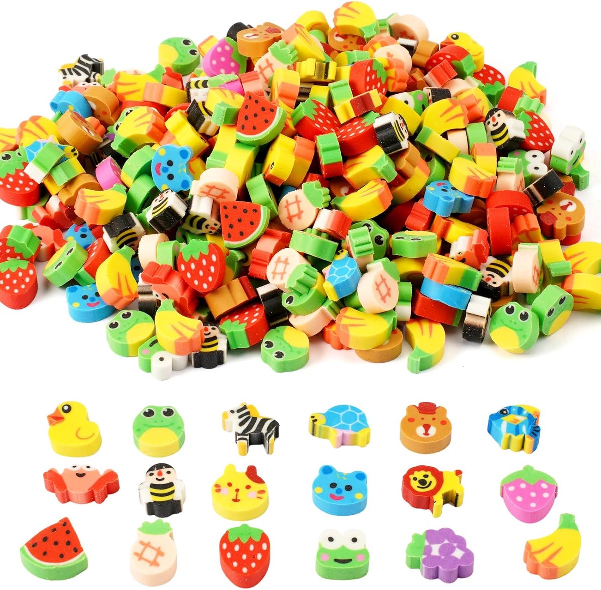 SnelShoppen - 300 Stuks Mini Rubber Gum, Kleurvolle Kleine Gummetjes met Dierenpatronen voor Kinderen, Perfect voor School, Feesten en Beloningen