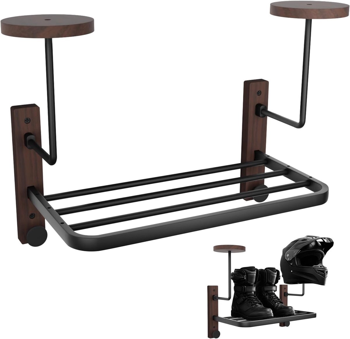 SnelShoppen - Motorhelm Houder Wandgemonteerd met Plank en 2 Helmenstandaards voor Motorfiets, Fiets, Race, Sportuitrusting, Natuurlijke Hout Motor Kl