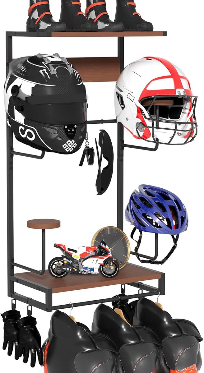 SnelShoppen - Wandgemonteerde Motorhelm Houder met 2 Planken en 4 Hoedenhouders, Robuuste IJzeren Helmhouder met 4 Clips en 5 Haken voor Motoraccessoi