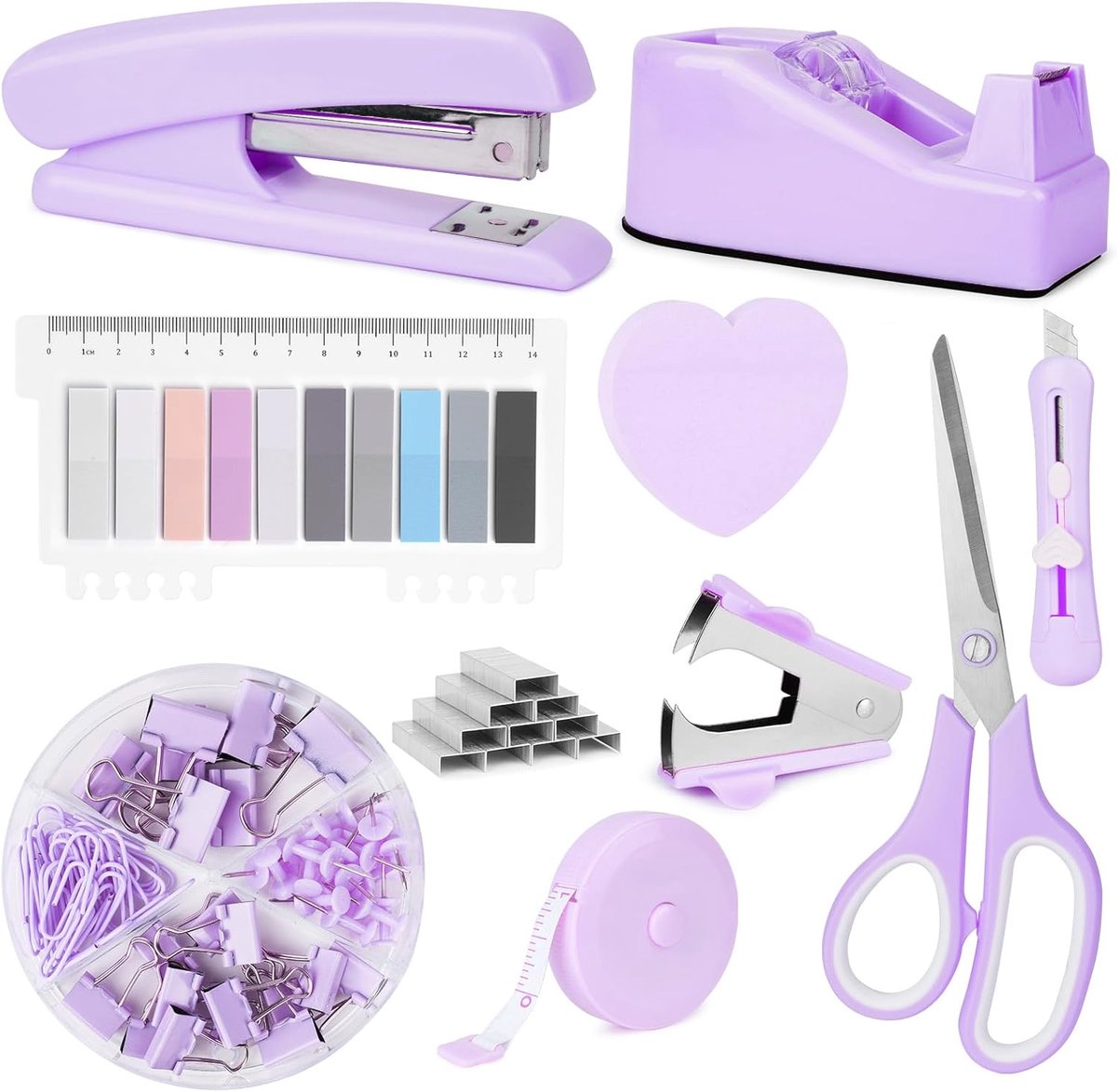 SnelShoppen - Complete Kantoorbenodigdheden Set met Nietmachine, Lijmstift Dispenser, Schaar, Zelfklevende Notities, Clips en Meetlint voor Thuis en S