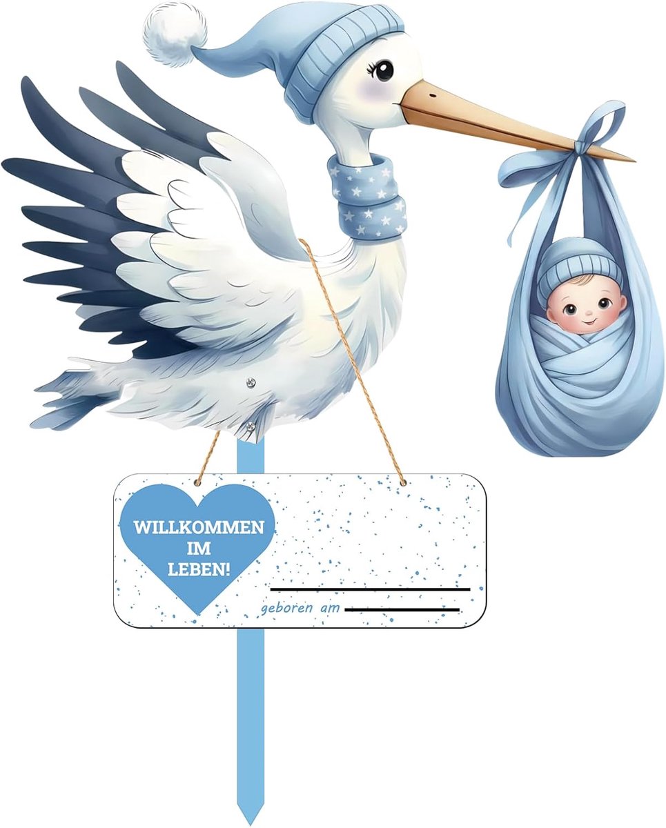 SnelShoppen - Baby Geboorte Ooievaar Set 89 cm Houten Welkom Thuis Decoratie, Inclusief Houten Stok, Naamlabel en Groetkaart (Blauw)