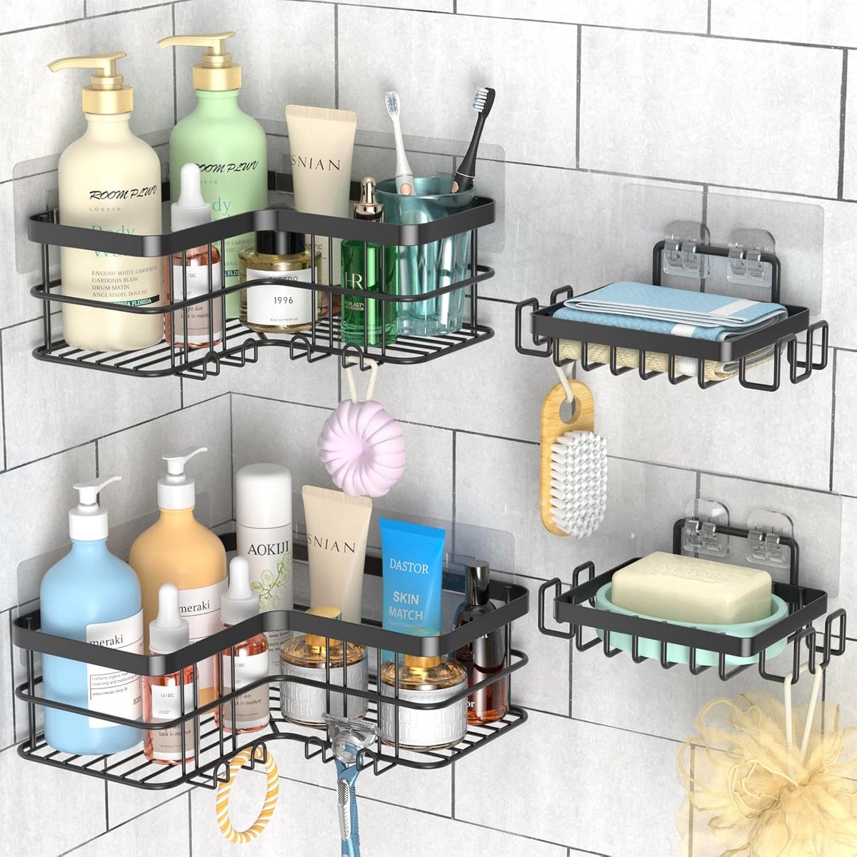 SnelShoppen - Shower Shelf Angular 4 Pcs - Hoekige Doucheplank zonder Boren met Zeepdispenser, RVS Badkamer Organizer met 8 Haakjes voor Badkamer, Keu