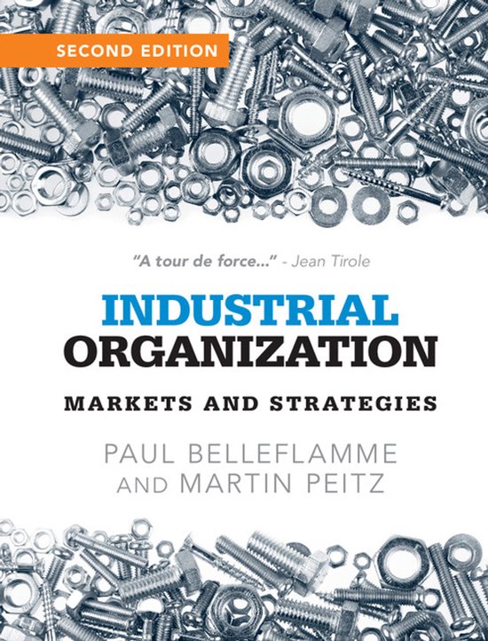 Boekcover 'Industrial Organization', tweede editie, met een achtergrond van bouten, moeren en ringen.