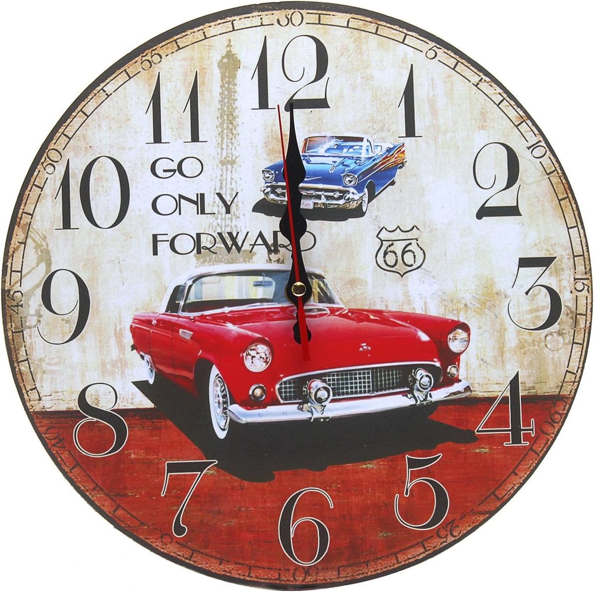 SnelShoppen - 30cm Houten Wanduhr Keukenklok Landelijke Stijl Stil Geen Tikken voor Keuken, Thuis Kantoor, Woonkamer en Slaapkamer (Rode Vintage Auto)