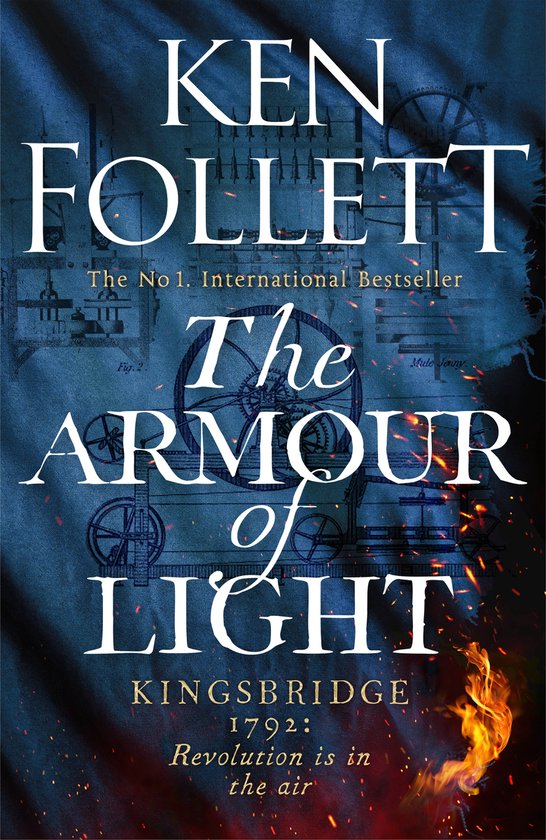 Boekomslag van 'The Armour of Light' door Ken Follett, met tandwielen en de tekst 'Kingsbridge 1792: Revolution is in the air'.